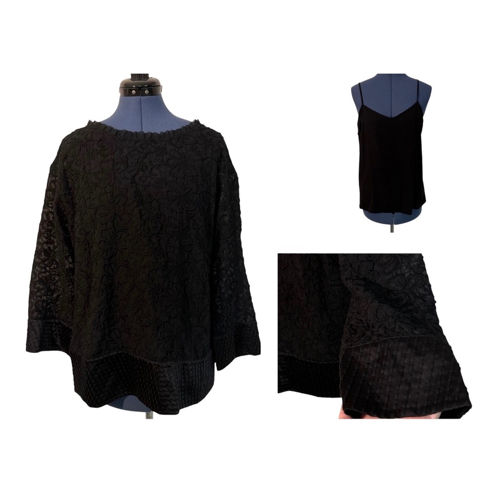 Sundance Black Floral Embroidered Blouse Silk Trim Cami Set Whimsigoth Boho XL
